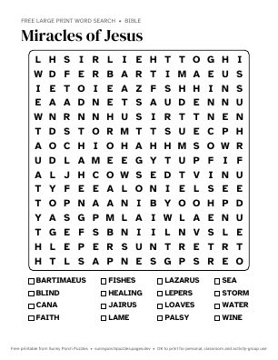 Miracles of Jesus word search puzzle preview
