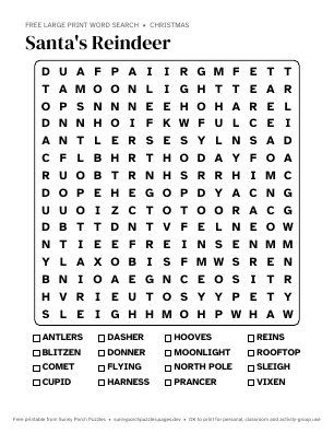Santa's Reindeer word search puzzle preview