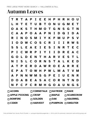 Autumn Leaves word search puzzle preview