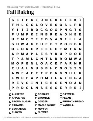 Fall Baking word search puzzle preview