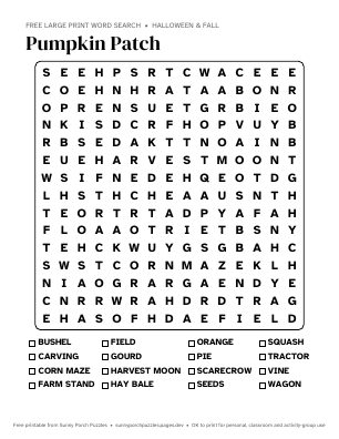 Pumpkin Patch word search puzzle preview