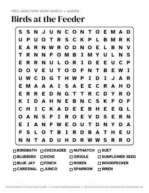 Birds at the Feeder word search puzzle preview