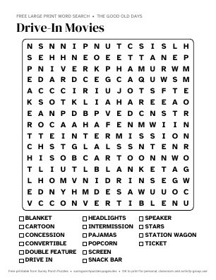Drive-In Movies word search puzzle preview