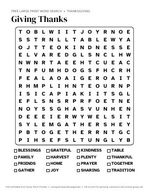 Giving Thanks word search puzzle preview