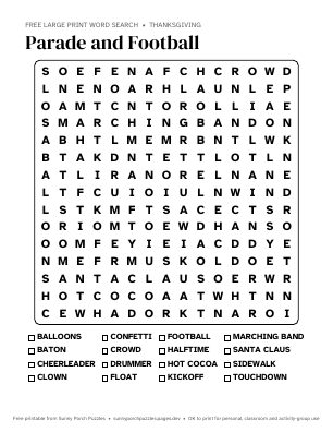 Parade and Football word search puzzle preview