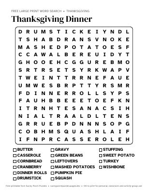 Thanksgiving Dinner word search puzzle preview